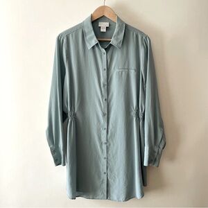 Soft Surroundings Soft Teal Silk Blouse Collared Button Down Cinch Waist Size XL